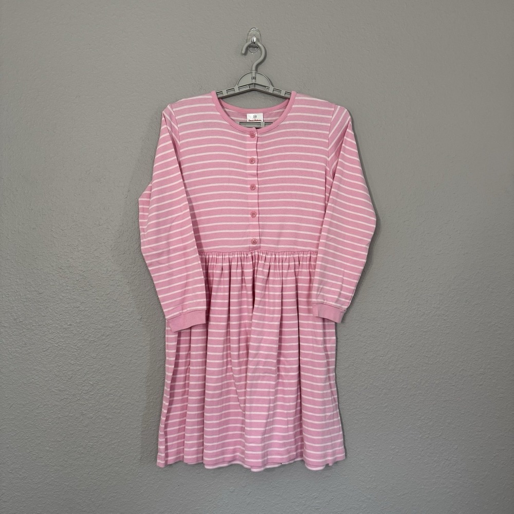 Hanna Andersson Size 14/16 160cm Pink White Striped Tiered‎ L/S Knit Dress